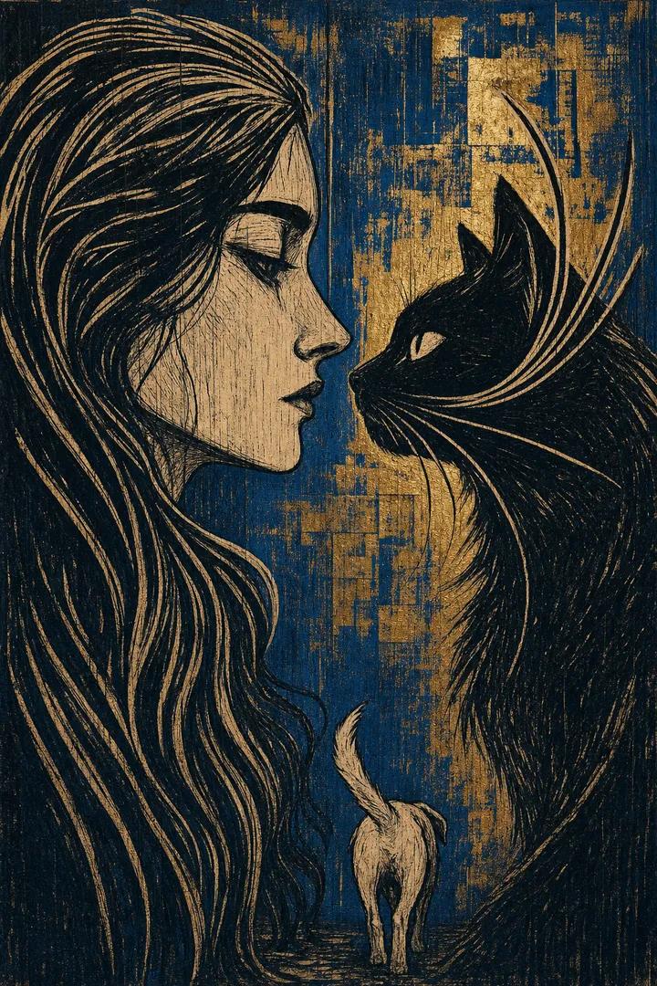Expressionist Linocut Woman with Cat thumbnail 2