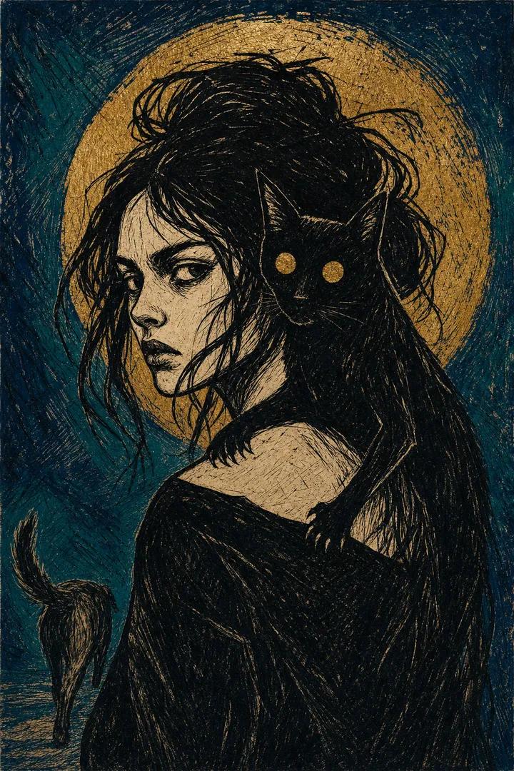 Expressionist Linocut Woman with Cat thumbnail 3