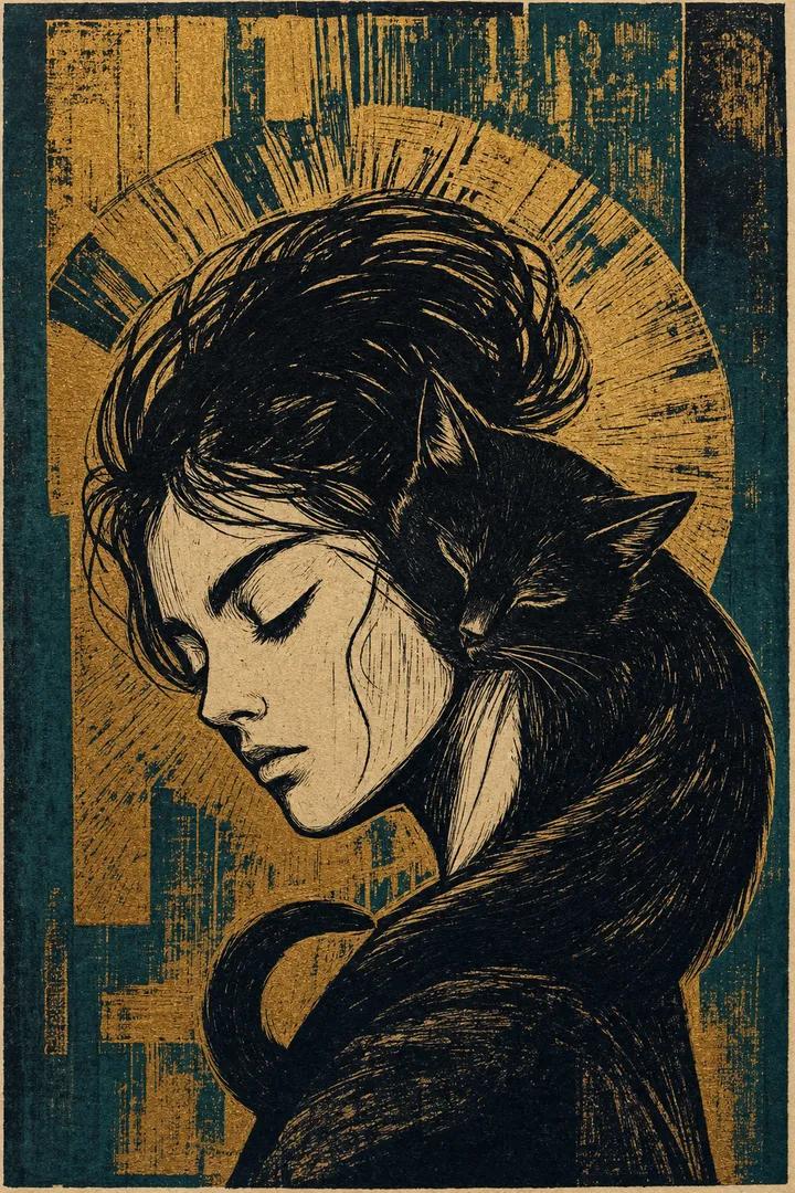 Expressionist Linocut Woman with Cat thumbnail 4