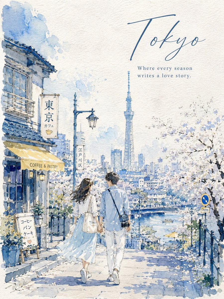 Watercolor Urban Sketch Travel Poster of Two Lovers