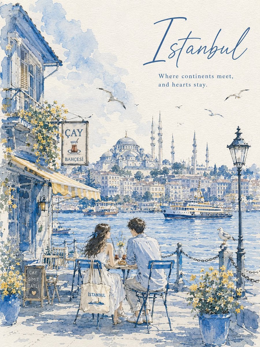 Watercolor Urban Sketch Travel Poster of Two Lovers thumbnail 2