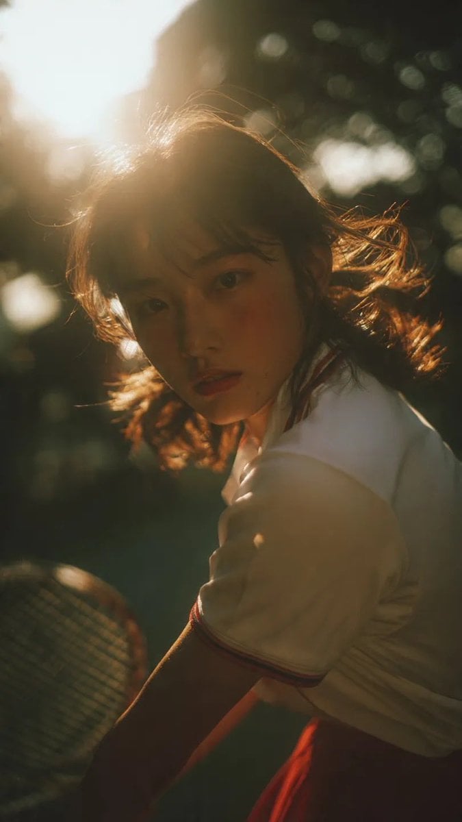 Japanese Teen in Tennis Mid-Swing, 90s Film Aesthetic thumbnail 2