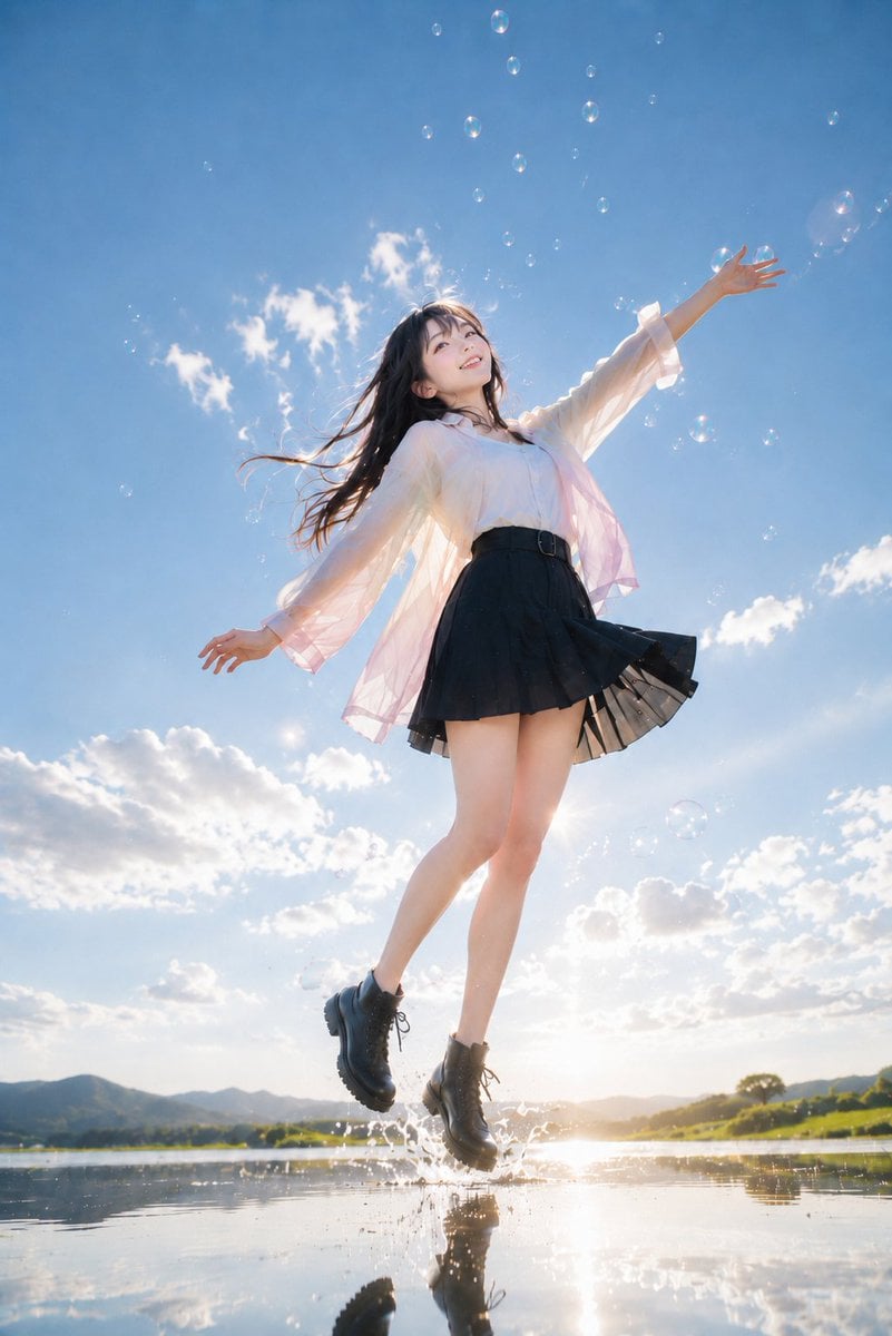 Morning Leap: Woman in Sheer Shirt at Lakeside
