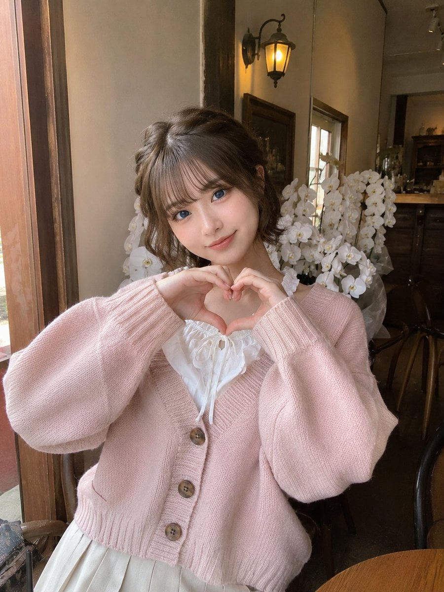 Candid Café Portrait with Heart Gesture thumbnail 2