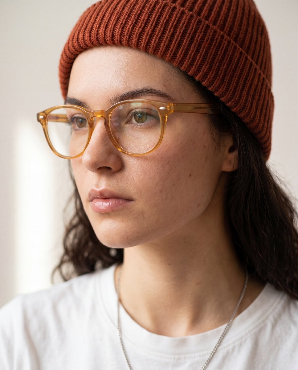 Thoughtful Profile in Amber Glasses and Beanie