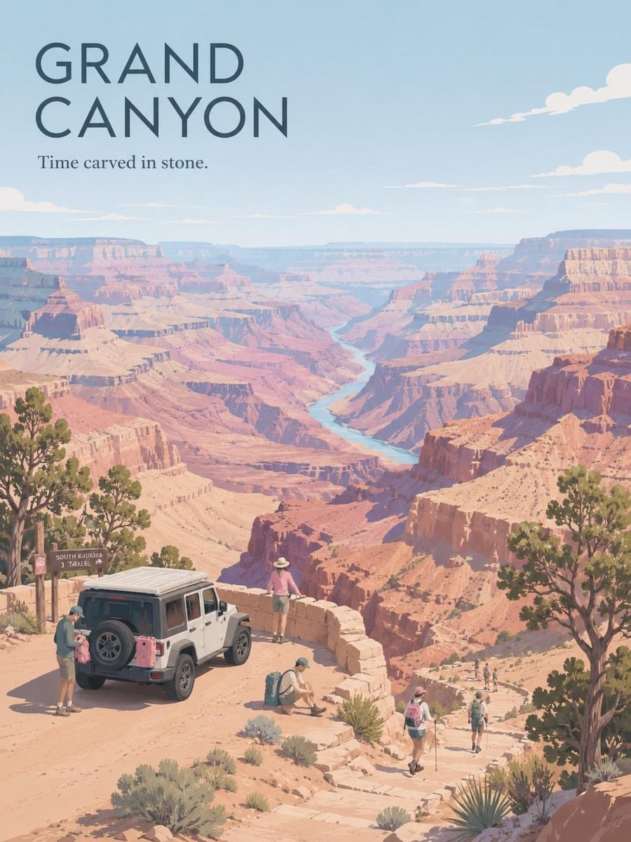 Minimalist Vintage Travel Poster with Ghibli-Inspired Landscape