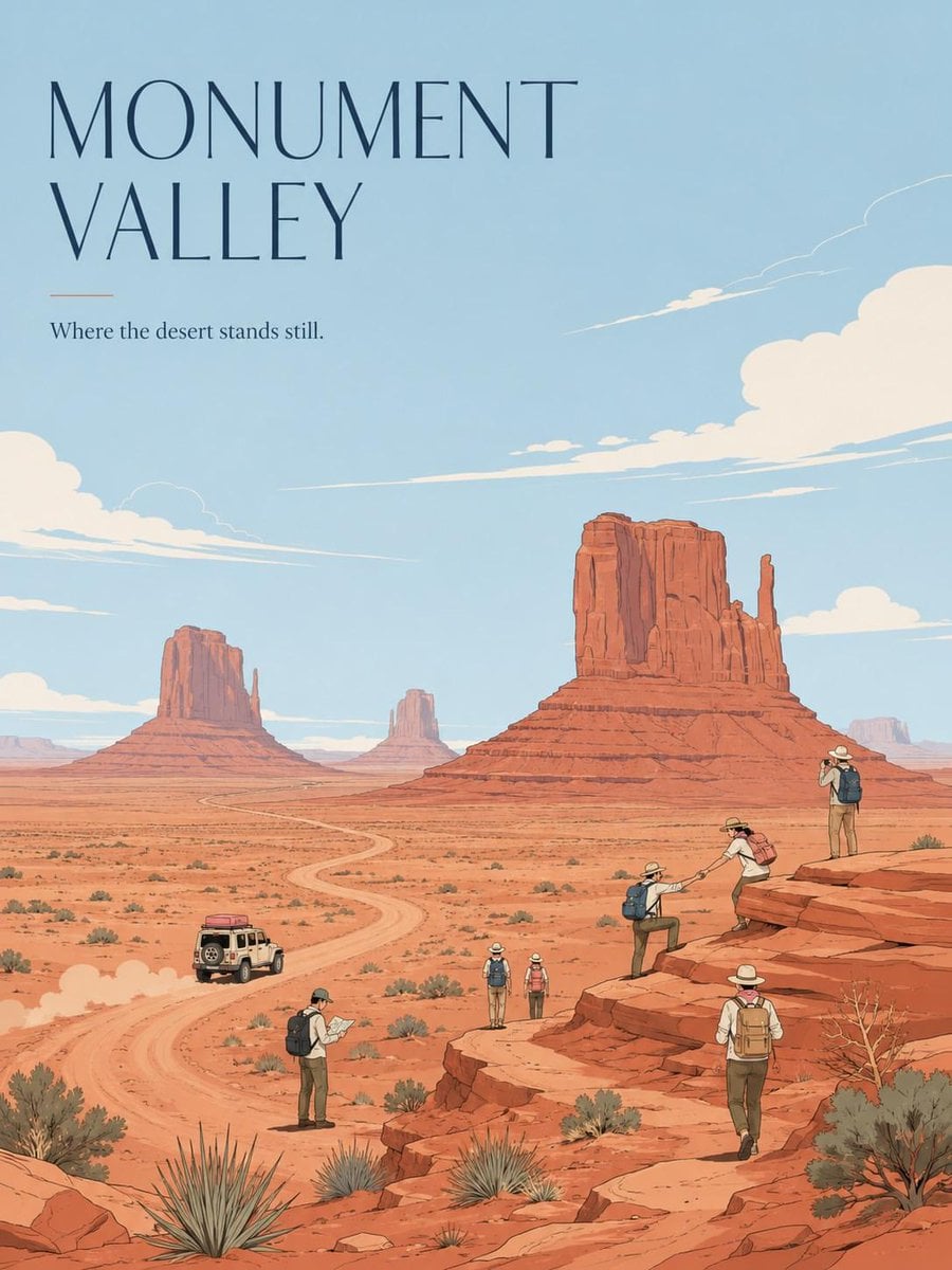 Minimalist Vintage Travel Poster with Ghibli-Inspired Landscape thumbnail 2