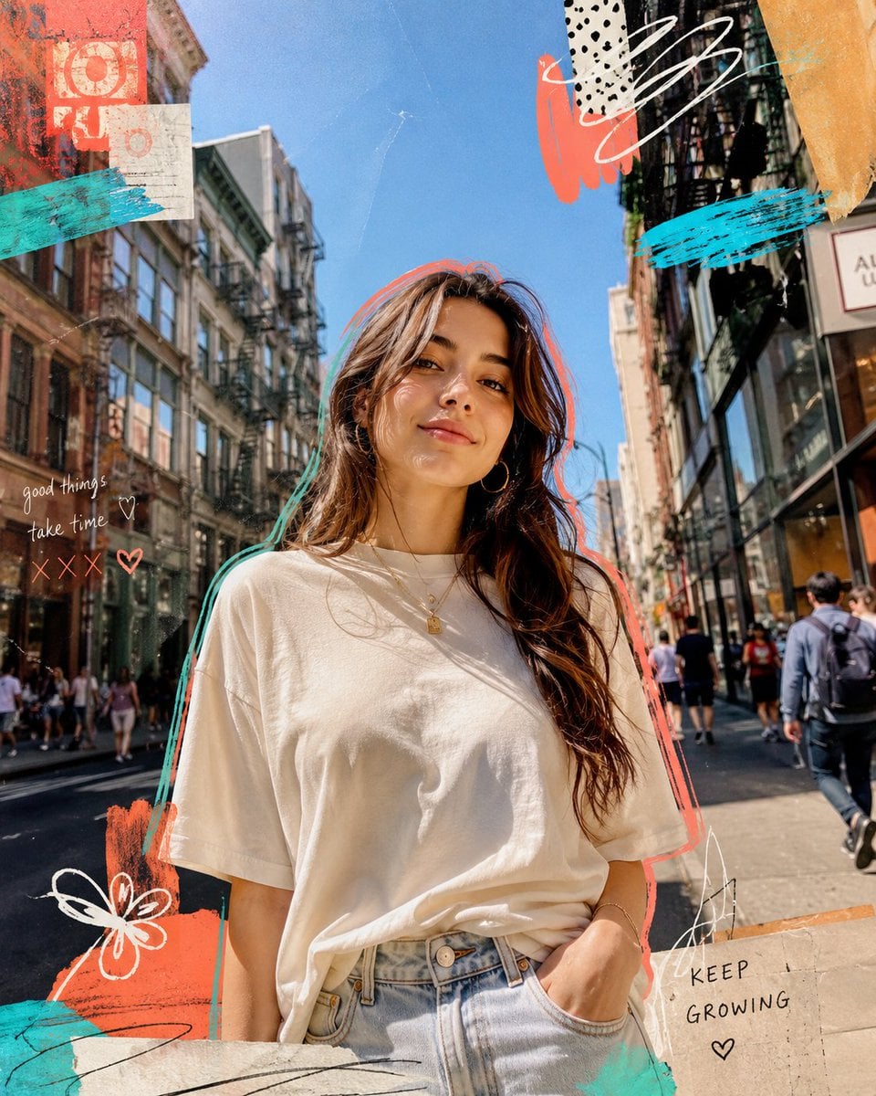 Sunlit Street Portrait with Neon Collage Accents