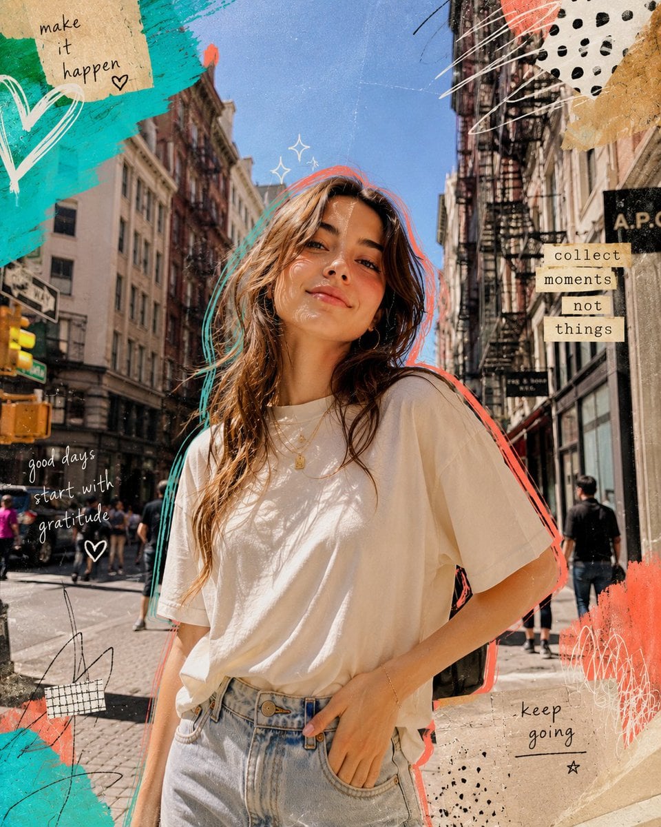 Sunlit Street Portrait with Neon Collage Accents thumbnail 2