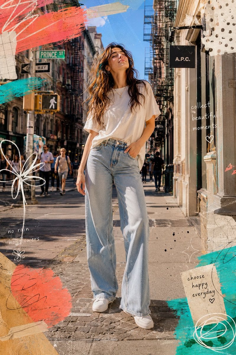 Sunlit Street Portrait with Neon Collage Accents thumbnail 3