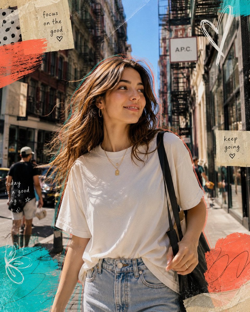 Sunlit Street Portrait with Neon Collage Accents thumbnail 4