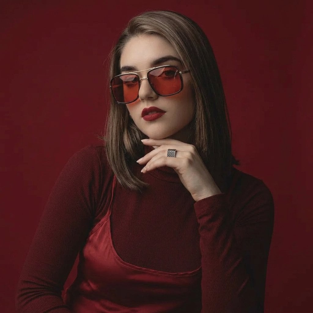 Intense Red Editorial Portrait with Sunglasses thumbnail 2