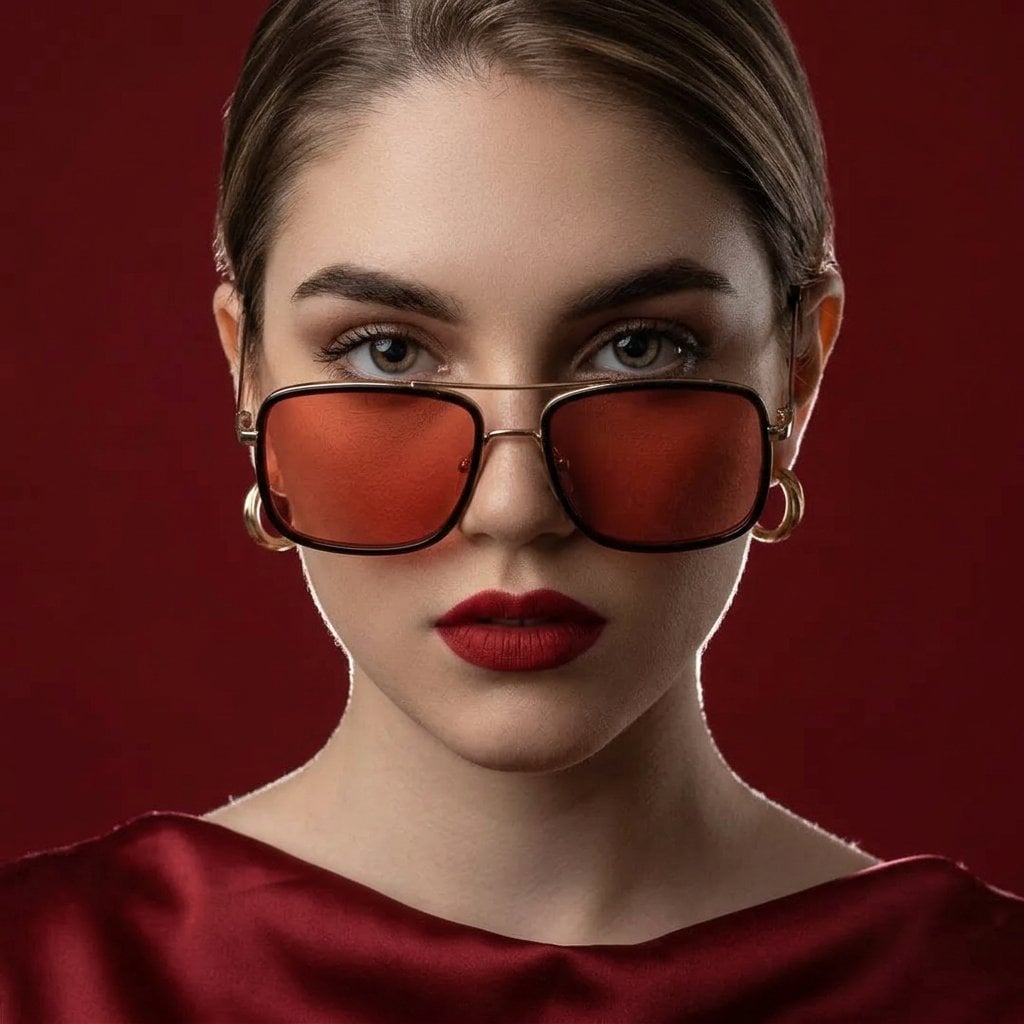 Intense Red Editorial Portrait with Sunglasses thumbnail 3