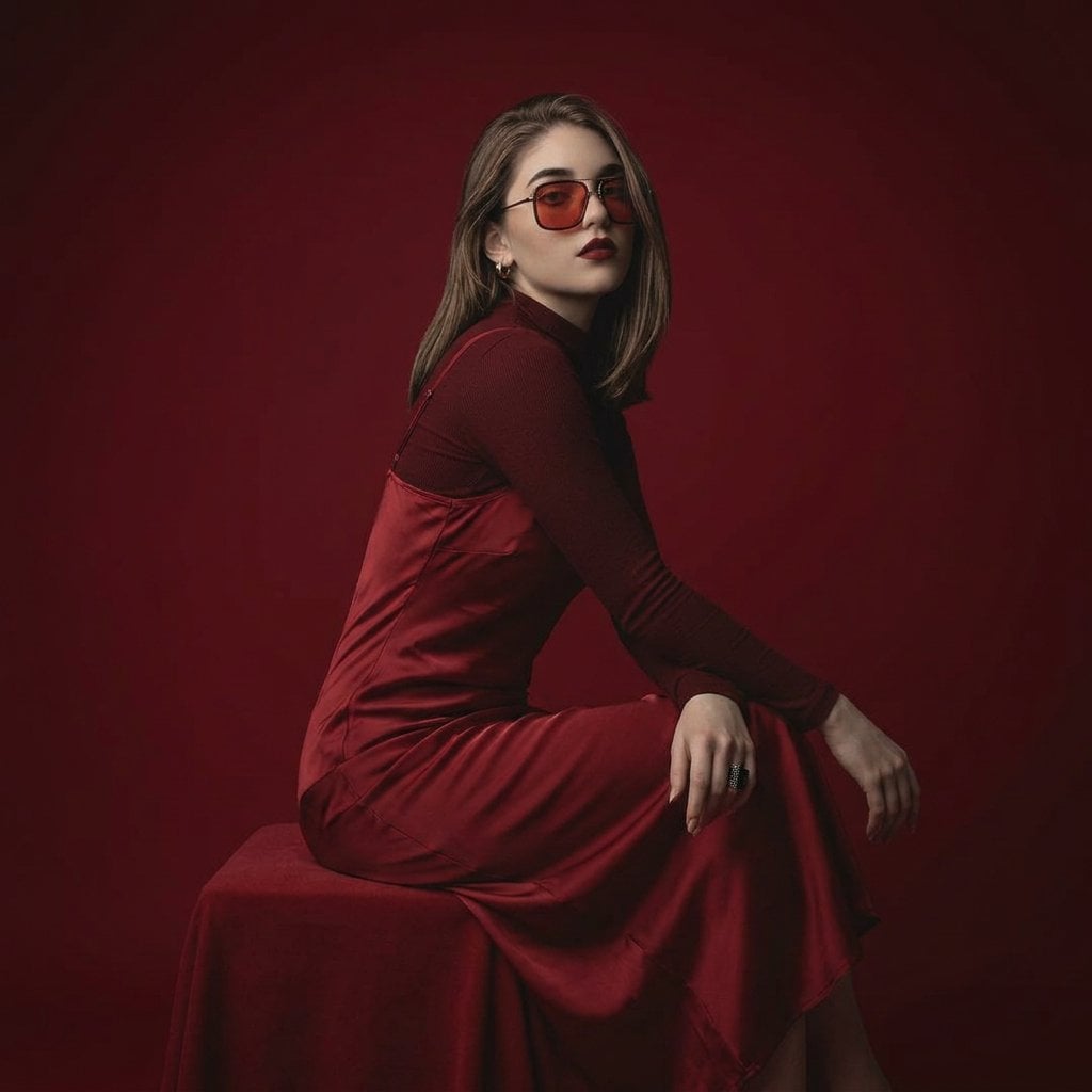 Intense Red Editorial Portrait with Sunglasses thumbnail 4
