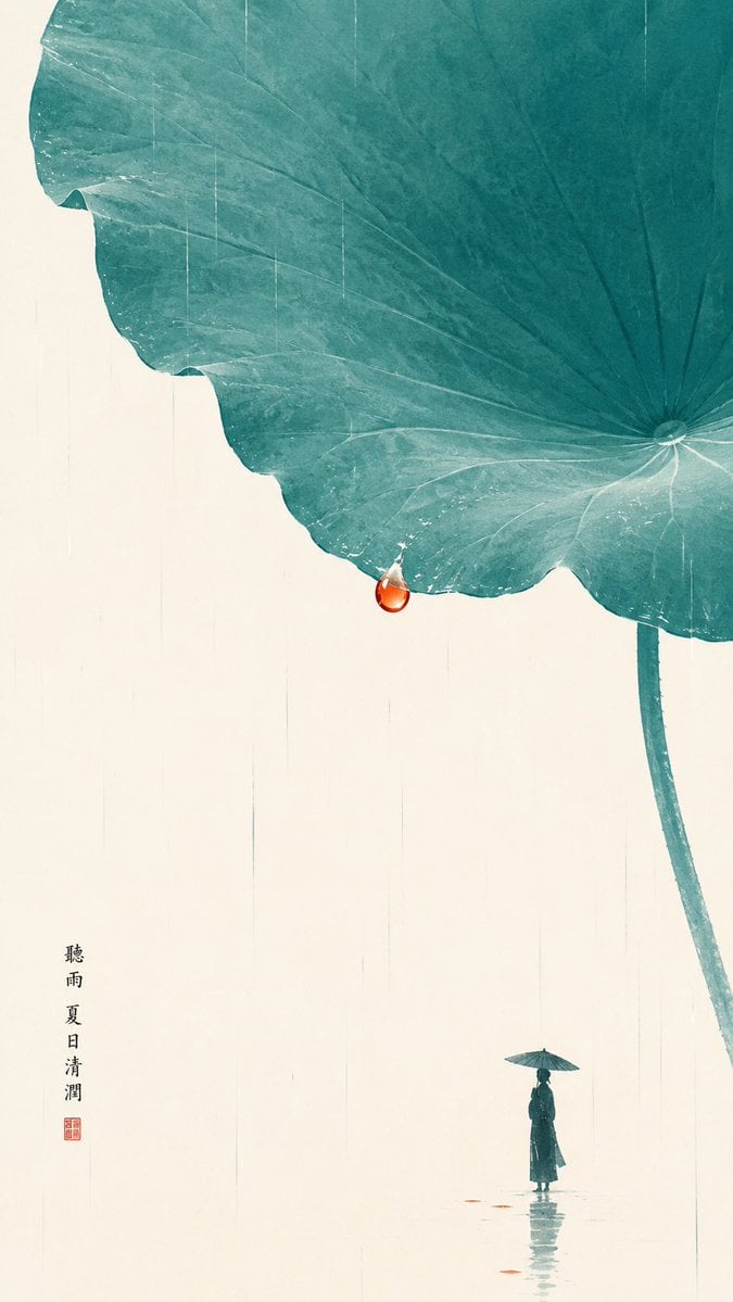 Zen Minimalist: Figure Under Giant Lotus Leaf in Rain