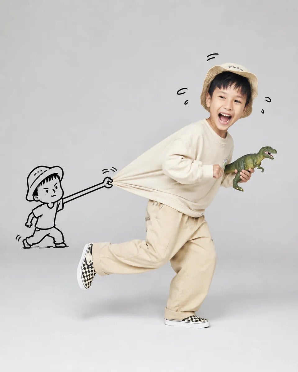 Joyful Mid-Stride Portrait with Playful Doodle
