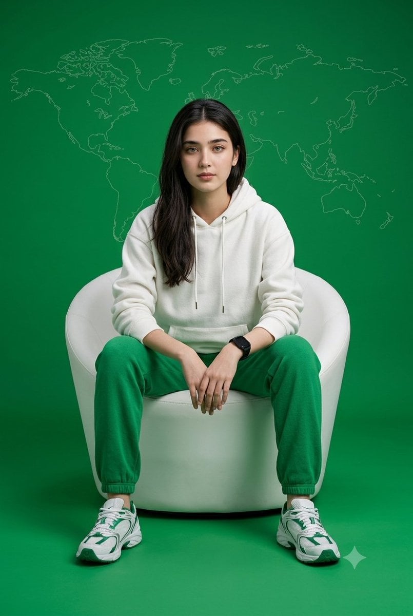 Woman in White Hoodie and Green Sweatpants image 1