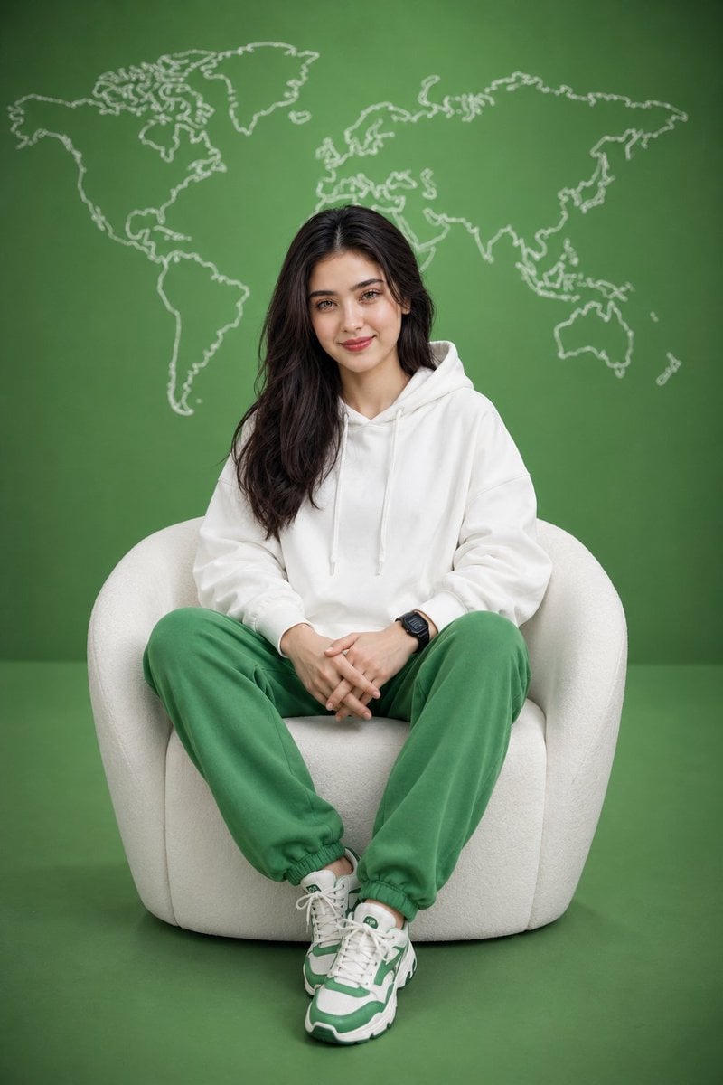 Woman in White Hoodie and Green Sweatpants thumbnail 2