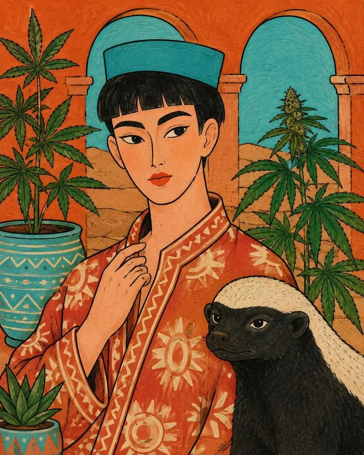 Folk Fashion Illustration with Bold Graphic Foliage