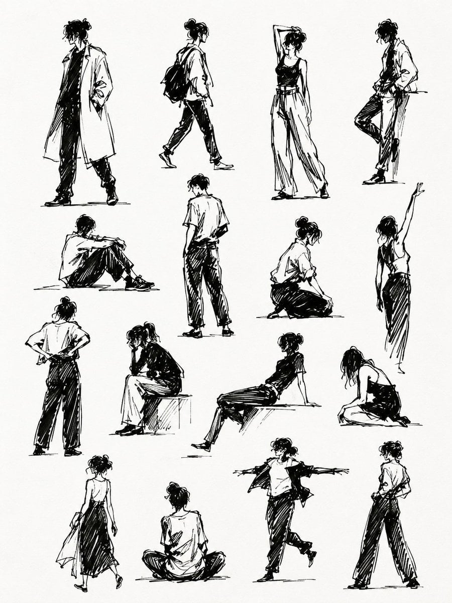 Black Ink Silhouette Gesture Studies on Sketchbook Page