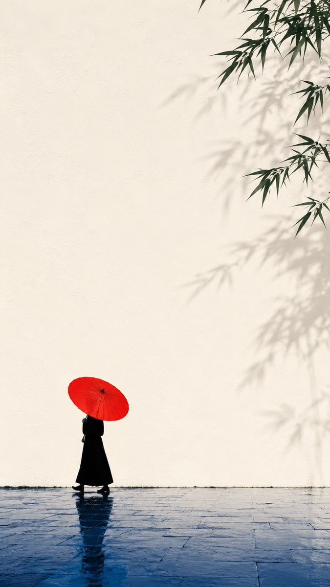 东方禅意极简海报：雨后红伞剪影