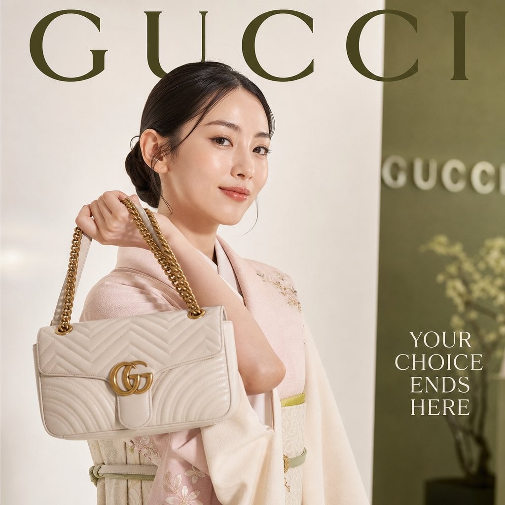 Elegant Japanese Woman with Gucci Handbag in Studio