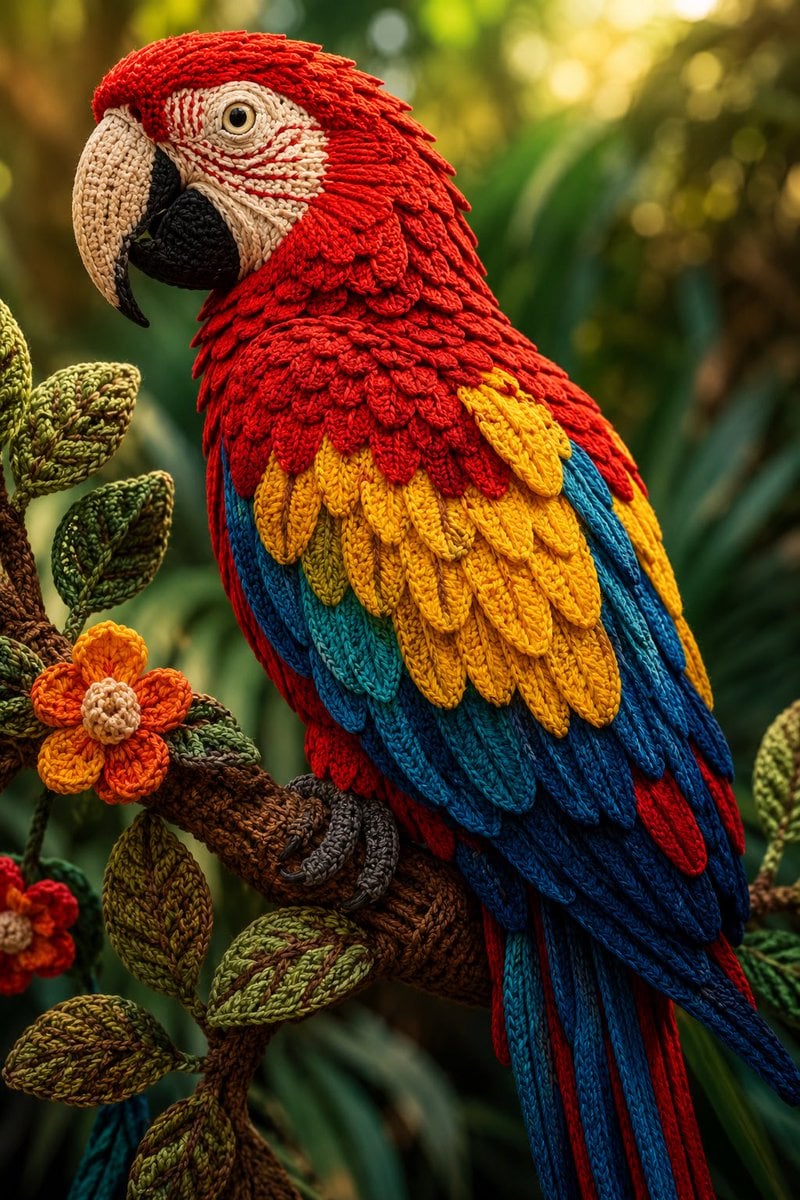 Handcrafted Yarn Macaw on Tropical Branch image 1