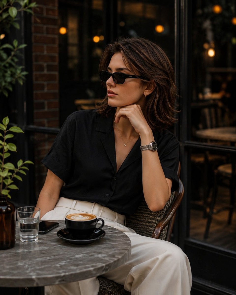 Elegant Café Lifestyle Portrait of a Fashionable Woman
