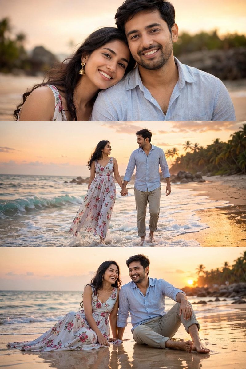 Romantic Beach Collage of South Asian Couple at Sunset