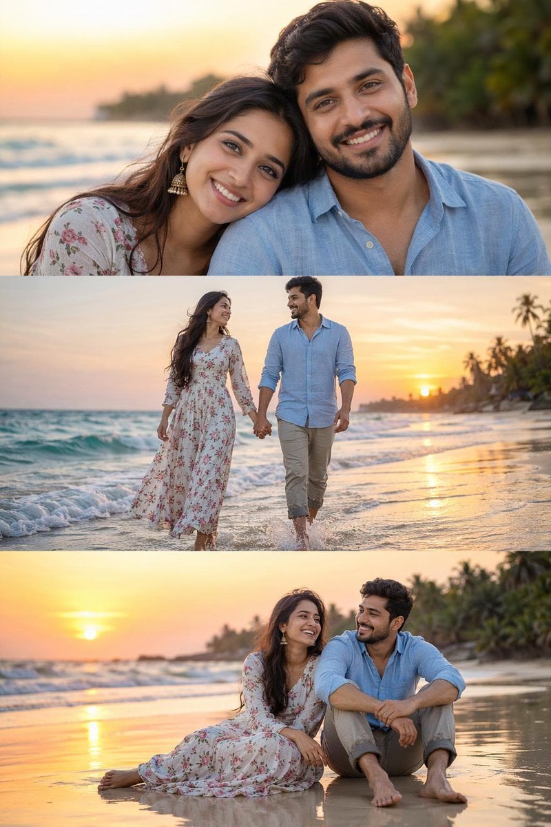 Romantic Beach Collage of South Asian Couple at Sunset thumbnail 2